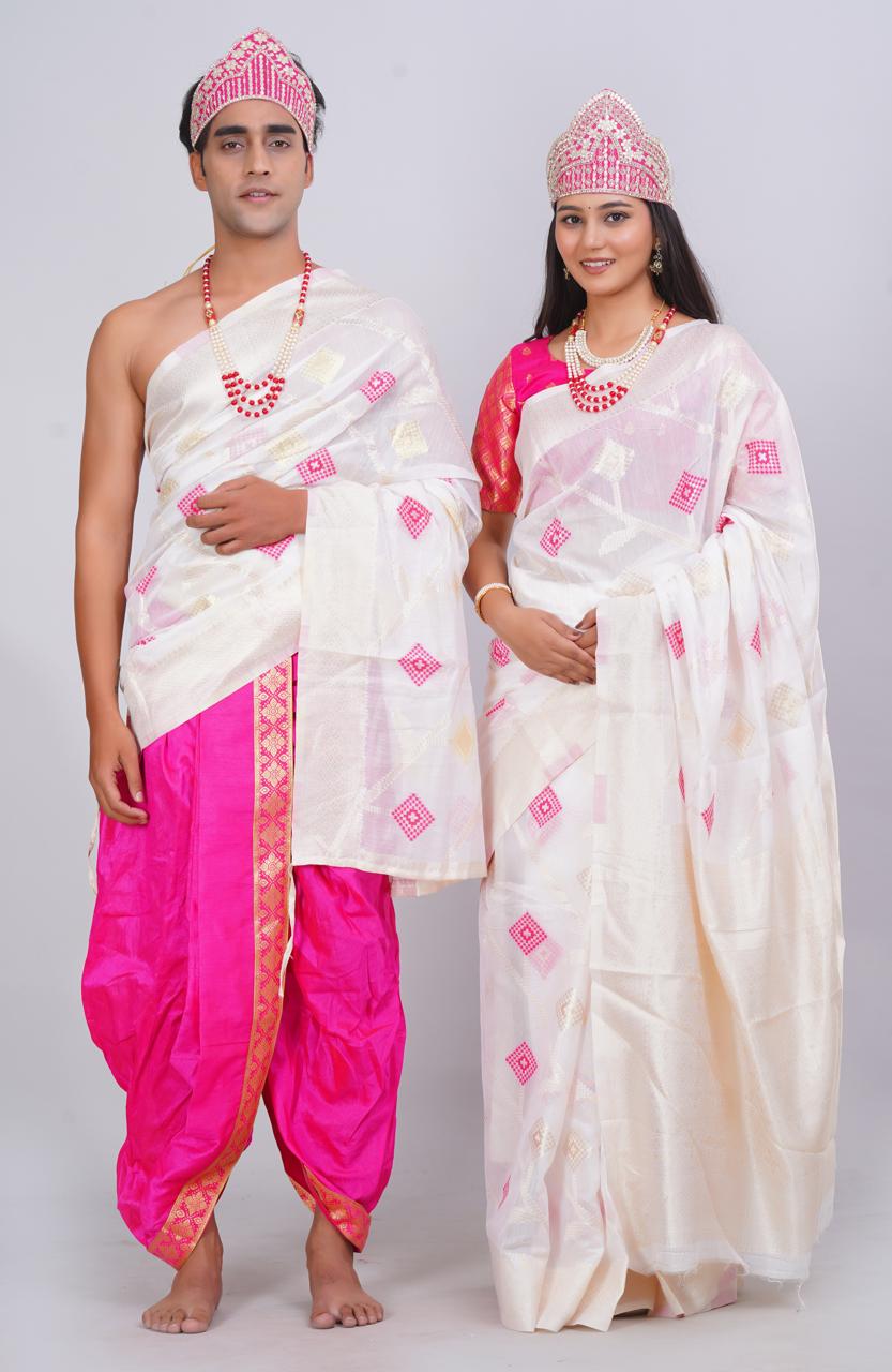 White Cotton Saree with Cotton Designer Dhoti & Dupatta (Couple Set)