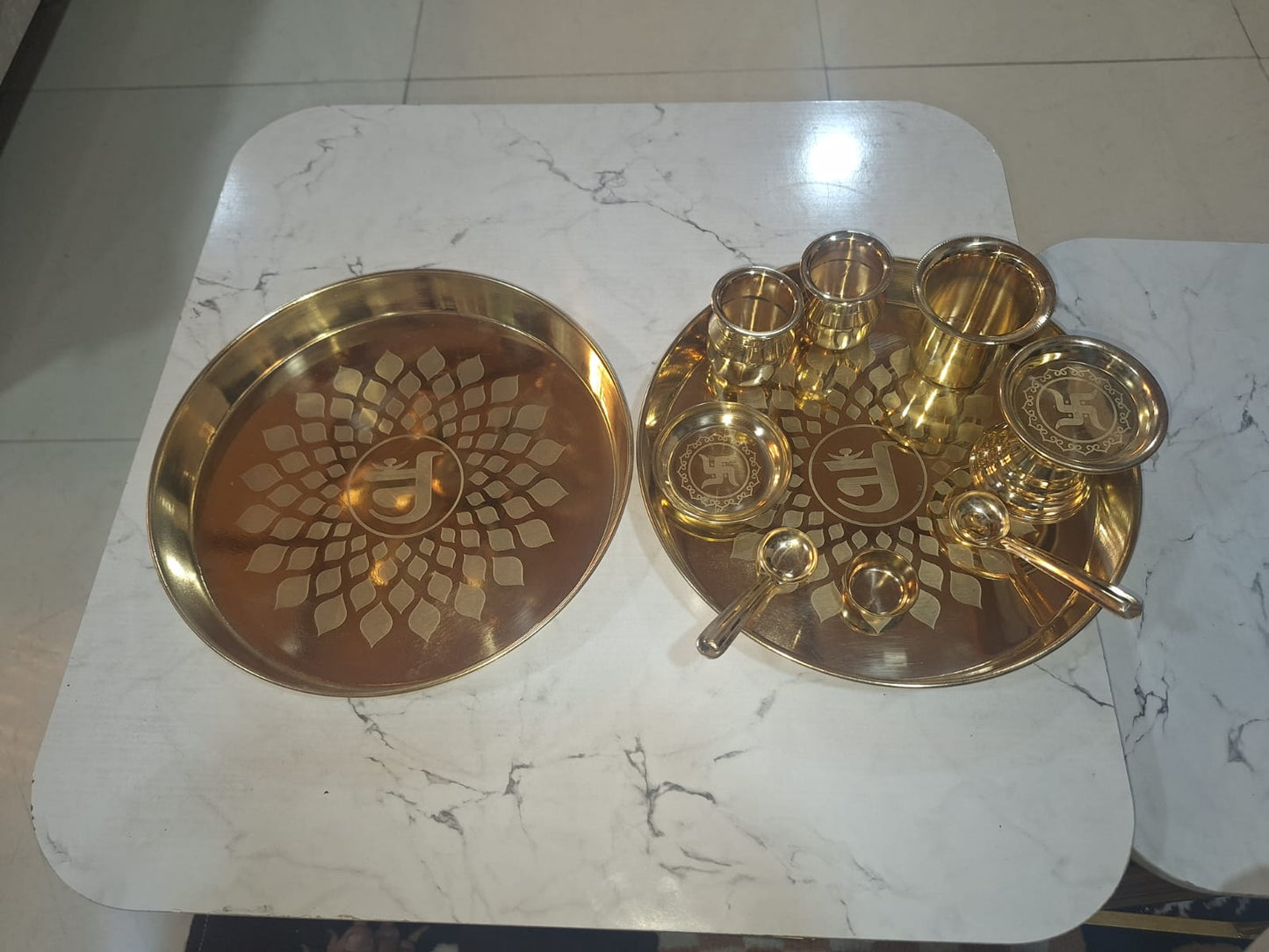 10-Inch Designer Pure Brass Pooja Thali Set (10 Pieces)