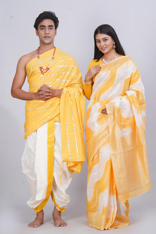 White-Yellow Cotton Lehariya Saree with Cotton Lurex Dhoti & Dupatta (Couple Set)