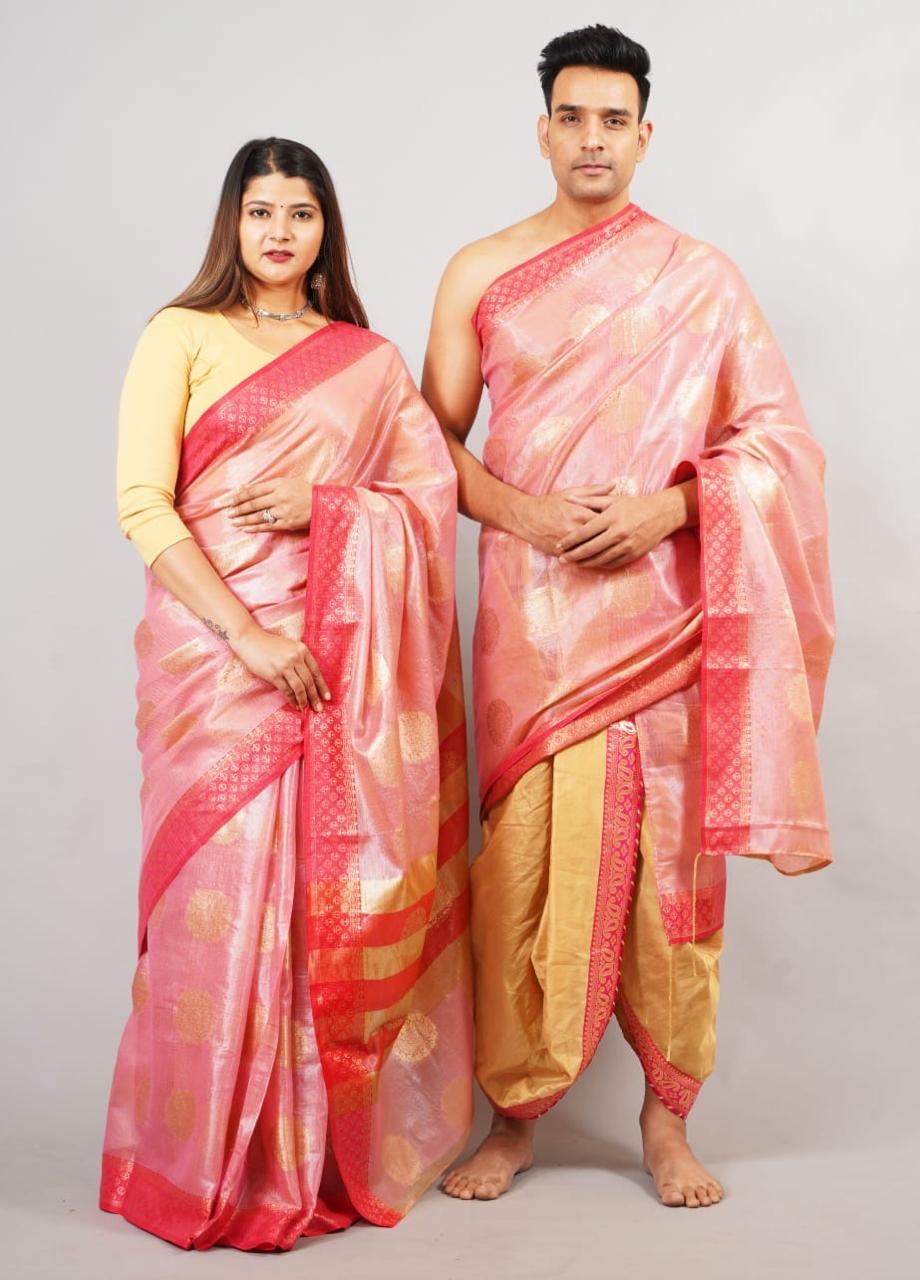 Pink Zari Rasgulla Boota Saree with Matching Dhoti & Dupatta (Couple Set)
