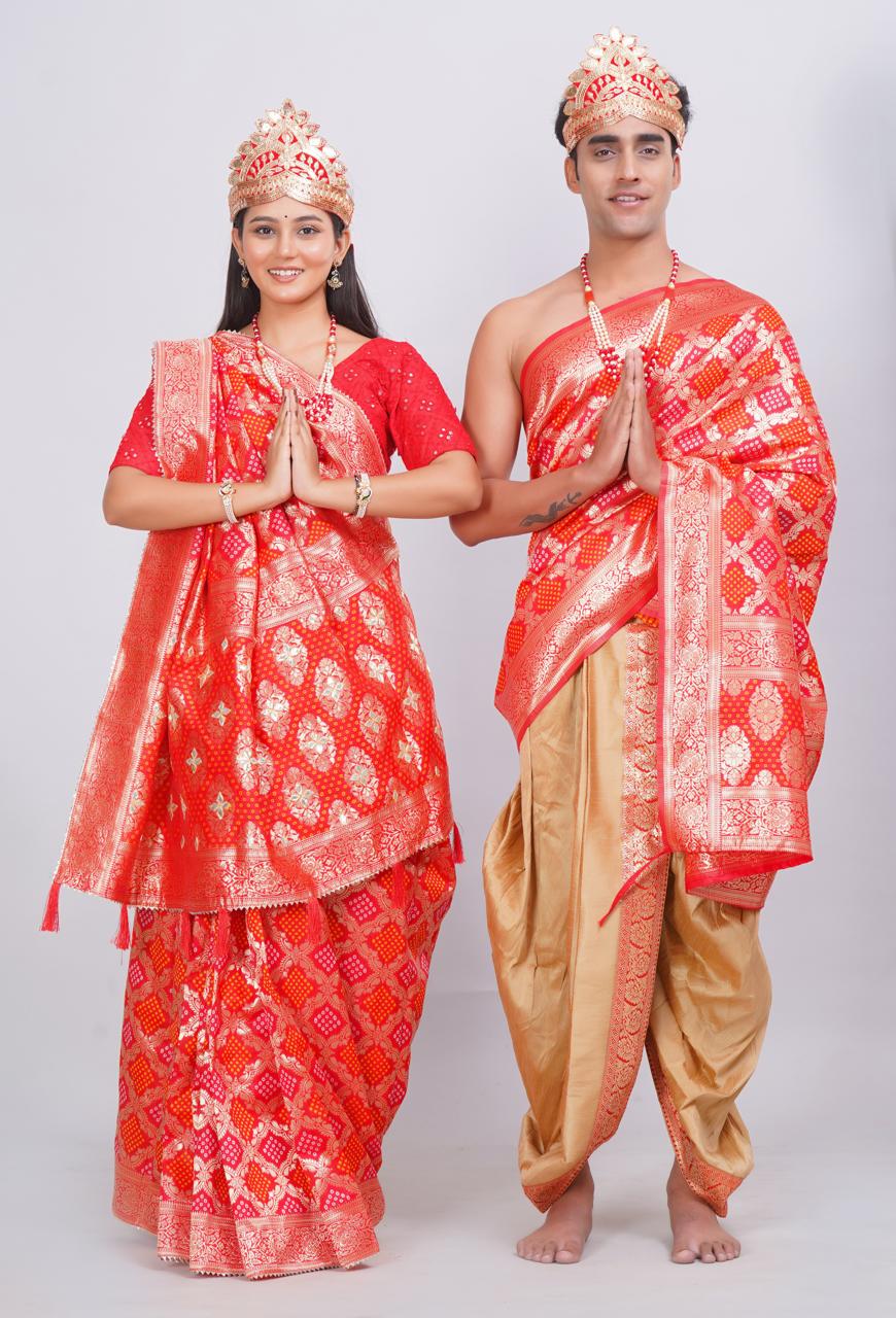 Red Ghatchola Gota Booti Saree with Matching Dhoti & Dupatta (Couple Set)