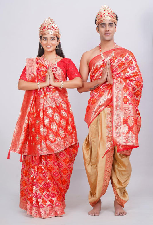Red Ghatchola Gota Booti Saree with Matching Dhoti & Dupatta (Couple Set)