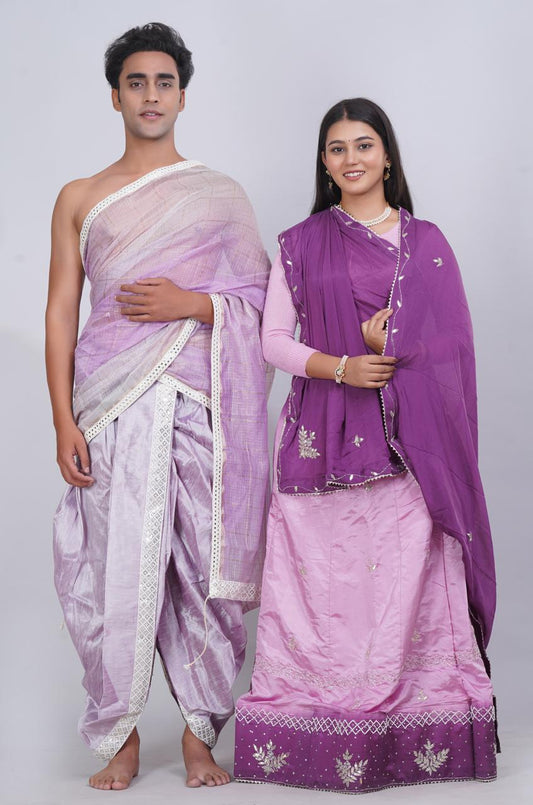 Purple Gota Work Lehenga Set with Matching Dhoti & Dupatta (Couple Set)