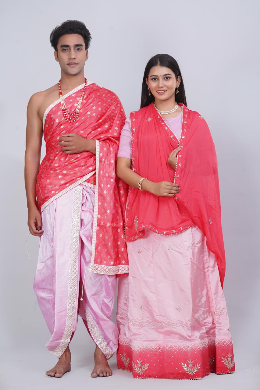 Peach Handwork Lehenga Set with Matching Dhoti & Dupatta (Couple Set)