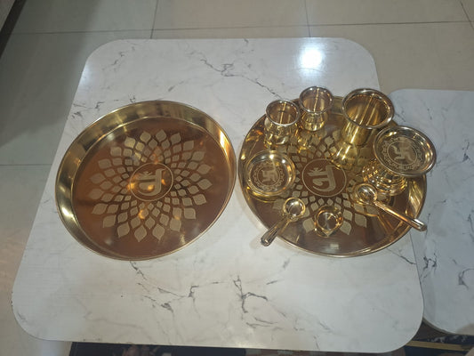 10-Inch Designer Pure Brass Pooja Thali Set (10 Pieces)