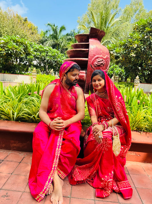 Gota patti Saree with Matching Dhoti & Dupatta (Couple Set)